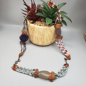 Multicolor Braids with Agate Stones Tooled Leatherette Details Tribal Hippie Boh